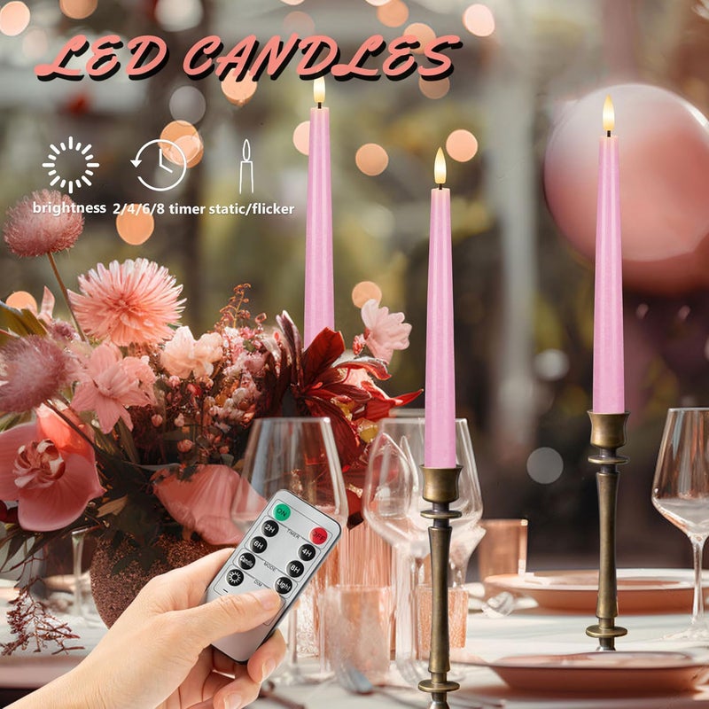 AFINETH Pink Flameless Taper Candles, 9.6" Battery Operated Candles with Remote, Real Wax Led Candle, Flickering Flameless Candlesticks for Home Party Wedding Romantic Night Decor - Image 3